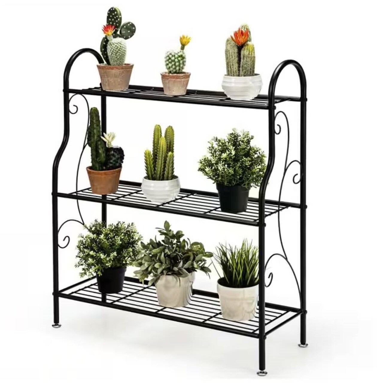 Black Metal 3-Tier Bookcase Plant Stand Indoor Outdoor Storage Rack